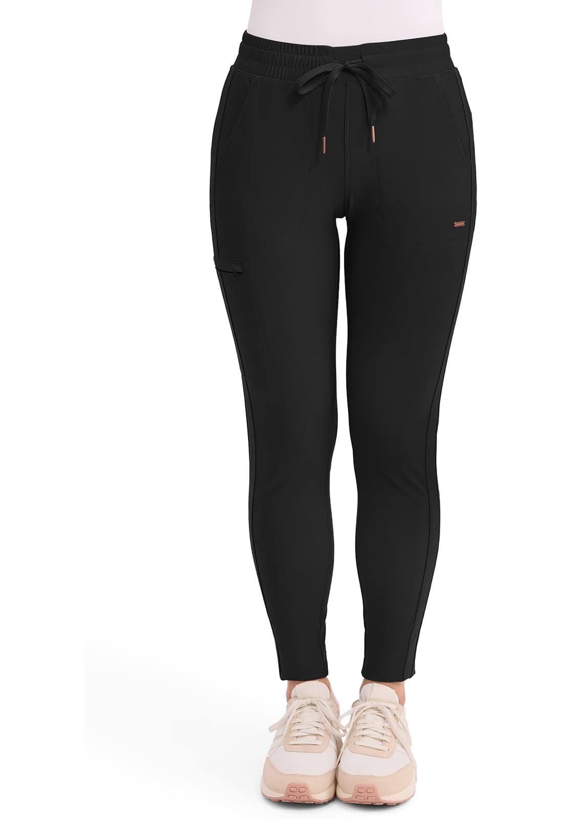 Cherokee Womens Mid Rise Tapered Leg Drawstring Scrub Pants 5 Pocket 360 Stretch Moisture Wicking Easy Care - CK095, M, Black