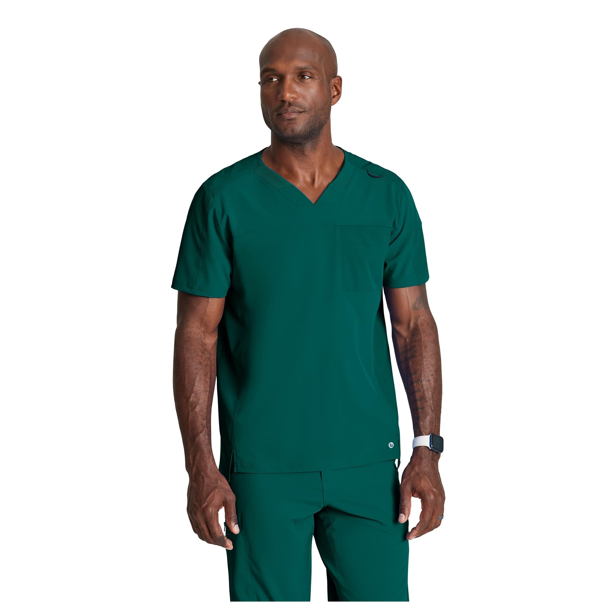 BARCO One Velocity Classic Fit Scrub Top for Men – Hunter Green, 2-Pocket V-Neck Scrub Shirt w/ 360 Spandex Stretch, Moisture Wicking, Anti-Static and Quick-Shed – Large, Regular Fit