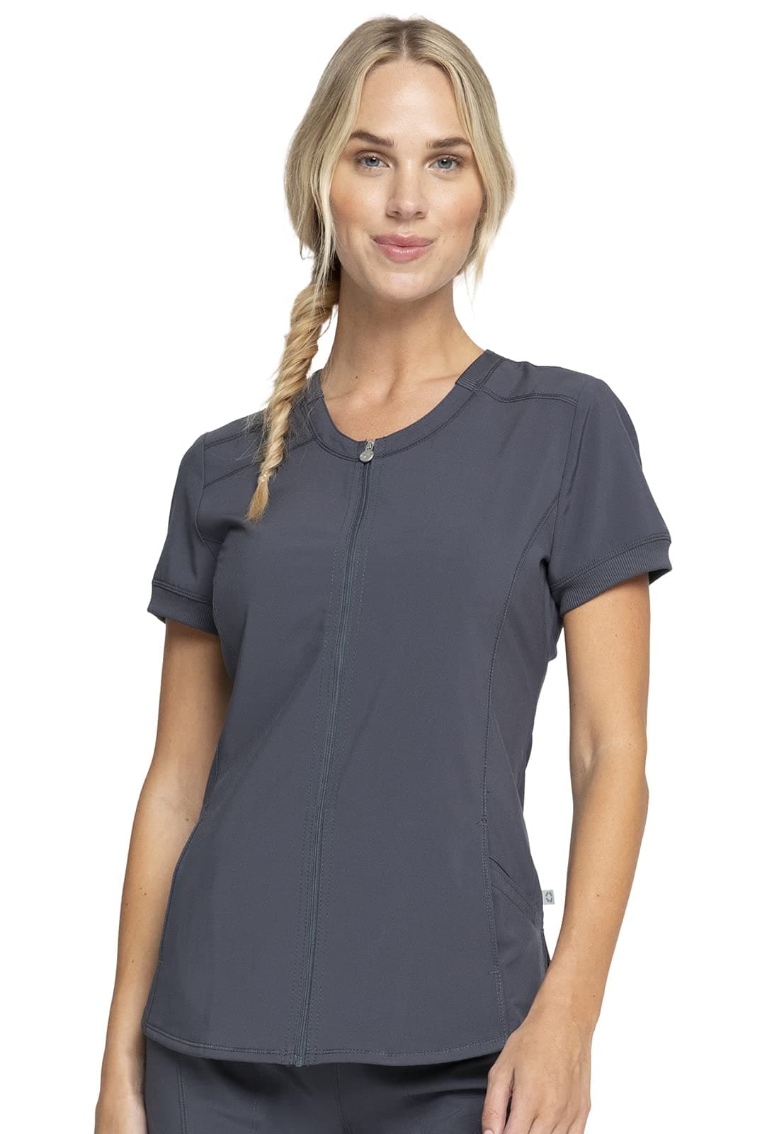 Cherokee Infinity Womens Zip Front V-Neck Scrub Top, 4 Pockets, Moisture Wicking, Wrinkle-Resistant, 360 Stretch Plus Size - Pewter